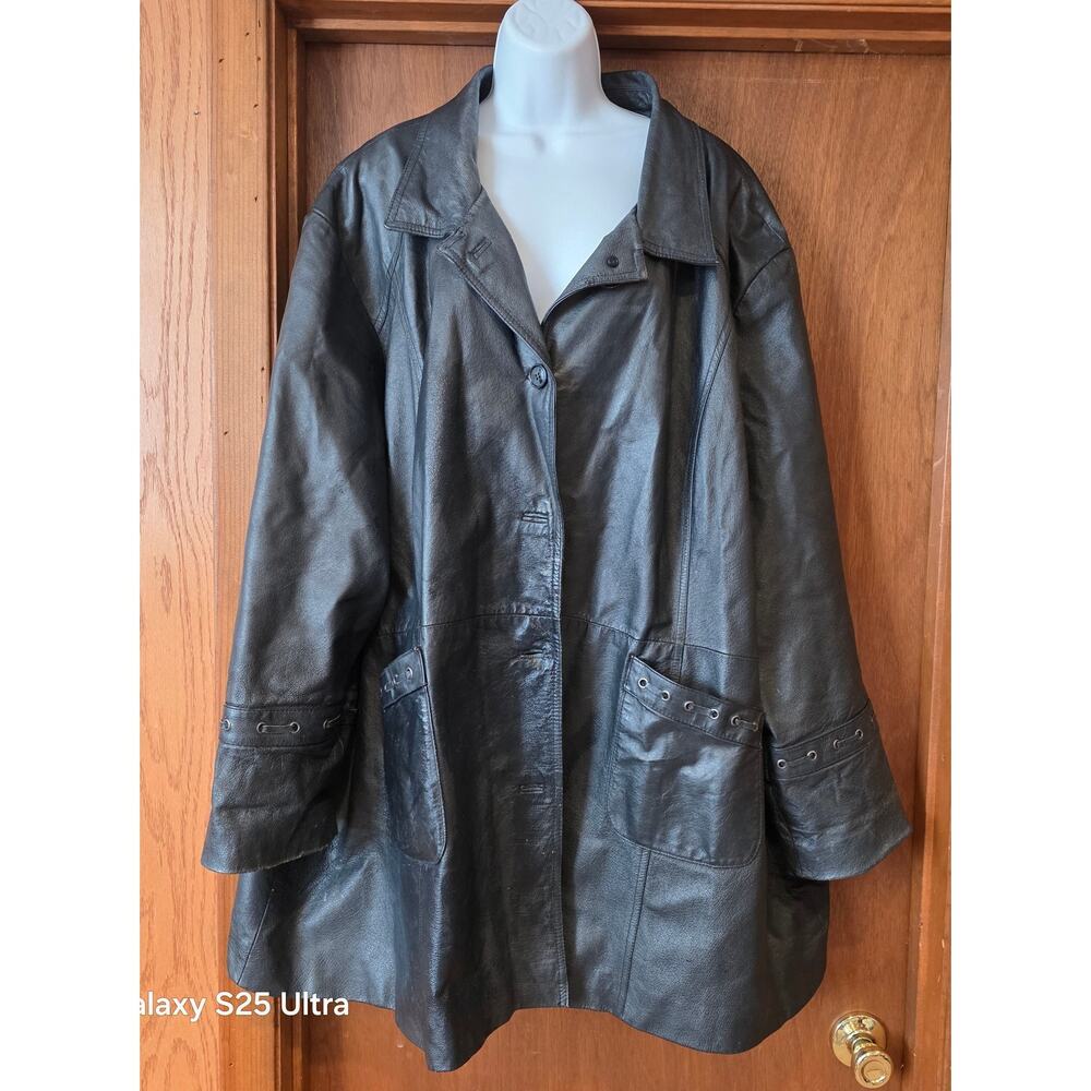vintage Maggie Barnes soft black leather, button up‎ coat estimated size L AS IS